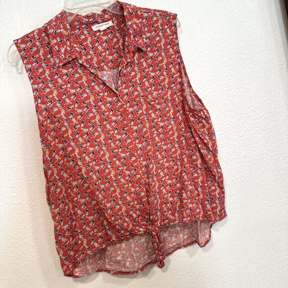 Beach Lunch Lounge Sleeveless Blouse Button Up Tied Waist Bird Pattern Womens XL - Picture 5 of 9